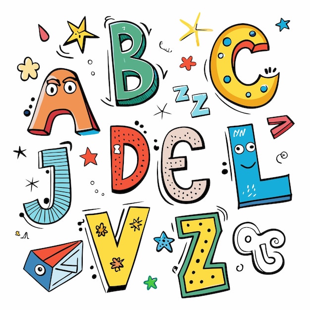 Lettres d'alphabet de dessins animés colorés avec des caractères et des motifs capricieux