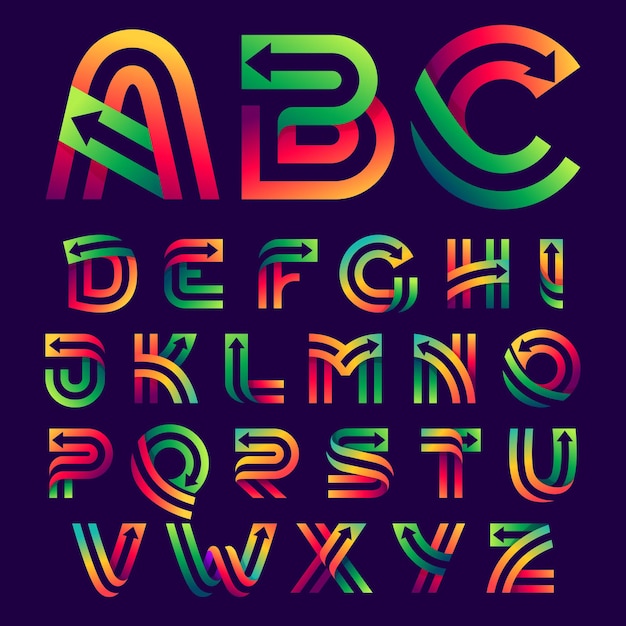 Vecteur lettres de l'alphabet avec des flèches à l'intérieur. caractères vectoriels aux couleurs vives pour les étiquettes de livraison, les titres commerciaux, les affiches financières, les cartes de sport, etc.