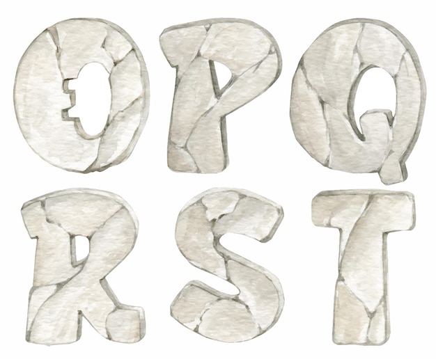 Vecteur lettres de l'alphabet o p q r s t un ensemble de lettres texture de pierre aquarelle dessinée à la main