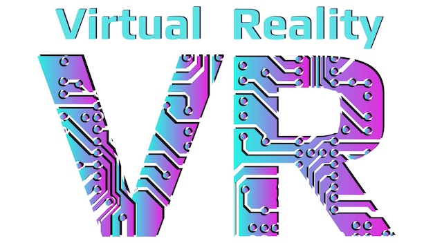 Lettres colorées Abréviation VR pour la réalité virtuelle perforée avec des pistes de circuit imprimé PCB isolées sur fond blanc