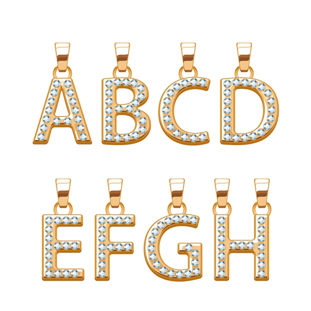 Lettres Dorées Avec Pendentifs Abc Diamants Pierres Précieuses. Illustration. Bon Pour Les Bijoux.