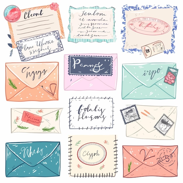 Vecteur lettres écrites à la main avec timbres et timbres-poste
