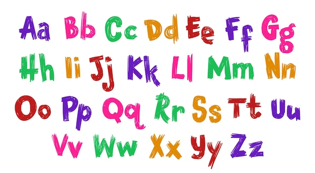 Vecteur lettres griffonnées colorées minuscules et majuscules style irrégulier pour enfants