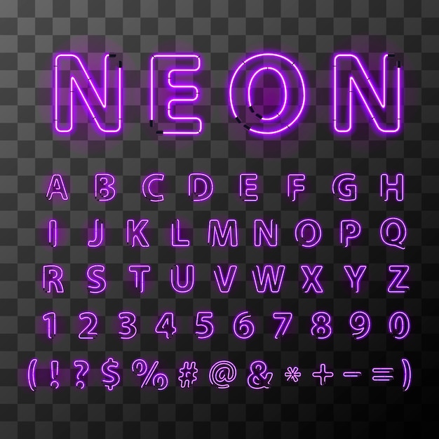 Lettres Lumineuses Au Néon Ultraviolet. Polices De Lettres Néon Sur Fond Transparent. Lettres Compilées à Partir De Tubes Néon.