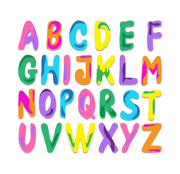 Des lettres majuscules colorées peintes de différentes couleurs sur un fond blanc