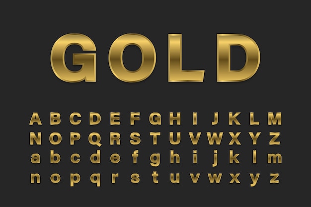 Lettres métalliques de police dorée, lettrage type effet or métal set vector illustration brillante.