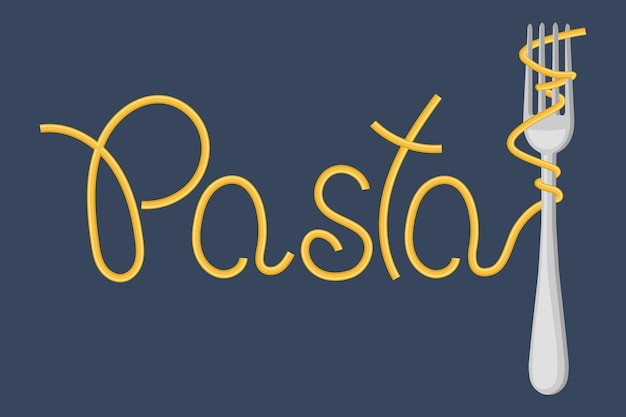 Vecteur lettres pasta et fourchette avec des spaghettis sur un fond sombre logo alimentaire menu du restaurant vector