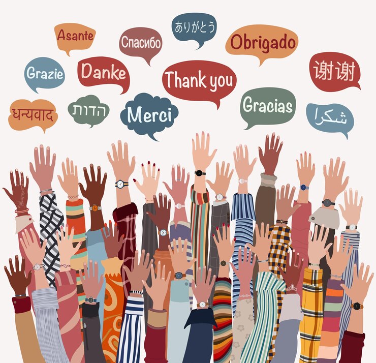 Vecteur levé à la main de personnes multiculturelles avec des bulles avec du texte merci dans différentes langues