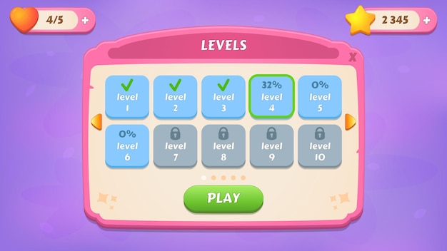 Levels GUI Kit ressources occasionnelles pour un jeu mobile un ensemble d'éléments d'interface utilisateur et de fenêtres contextuelles pour l'interface de jeu