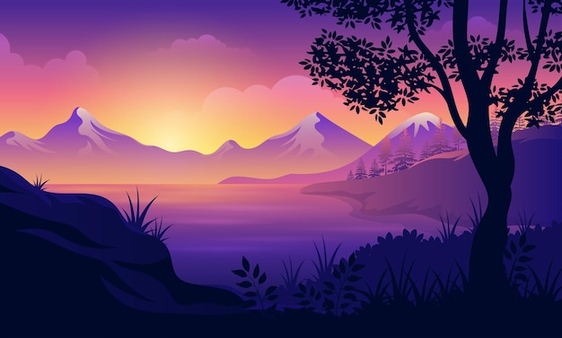 Vecteur lever ou coucher du soleil paysage avec silhouettes d'arbres de montagnes et ciel de fusées éclairantes