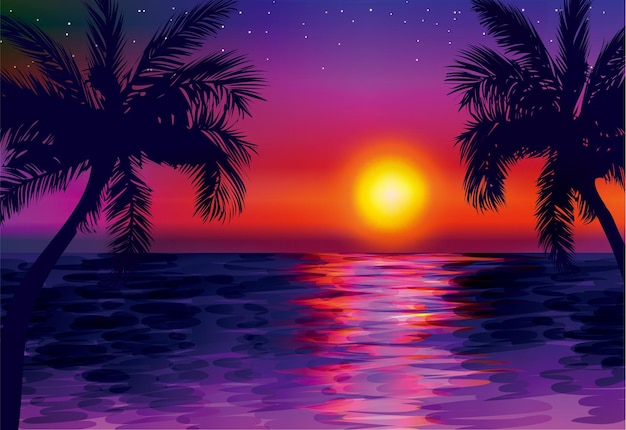 Vecteur le lever et le coucher du soleil, paysage tropical d'été, forêt au bord de la mer, illustration de dessin animé