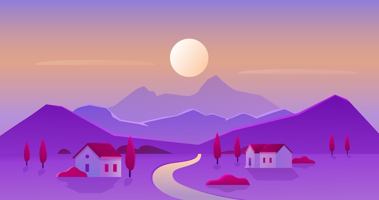 Vecteur lever ou coucher de soleil village paysage vector illustration, dessin animé paysage plat campagne avec silhouette soleil et montagne à l'horizon, maisons avec jardins