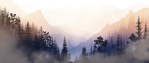Le lever du soleil dans les montagnes des gorges boisées sauvages des silhouettes brumeuses des crêtes