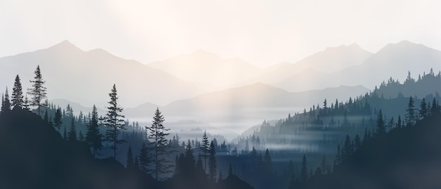 Le lever du soleil dans les montagnes, les silhouettes brumeuses des crêtes, la forêt dans le brouillard.
