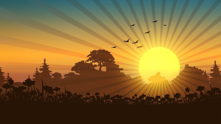 Vecteur lever du soleil en forêt avec sunburst et oiseaux volant au-dessus des arbres