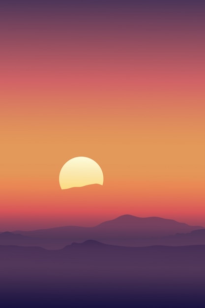 Vecteur lever du soleil avec la ligne du ciel en silhouette orange jaune et montagnes