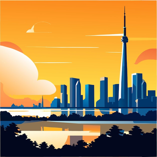 Le Lever Du Soleil à Toronto Avec Des Nuages Et La Réflexion Du Soleil Sur Le Lac Le Matin Illustration Vectorielle