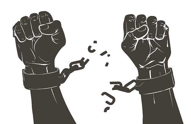 Lever le poing des mains, briser les menottes en acier, les chaînes de fers. Sauvetage, espoir, libération, victoire, combat, rébellion, concept de protestation. Esclave afro-américains noirs Libérez-vous. Vecteur de croquis de la journée de la liberté