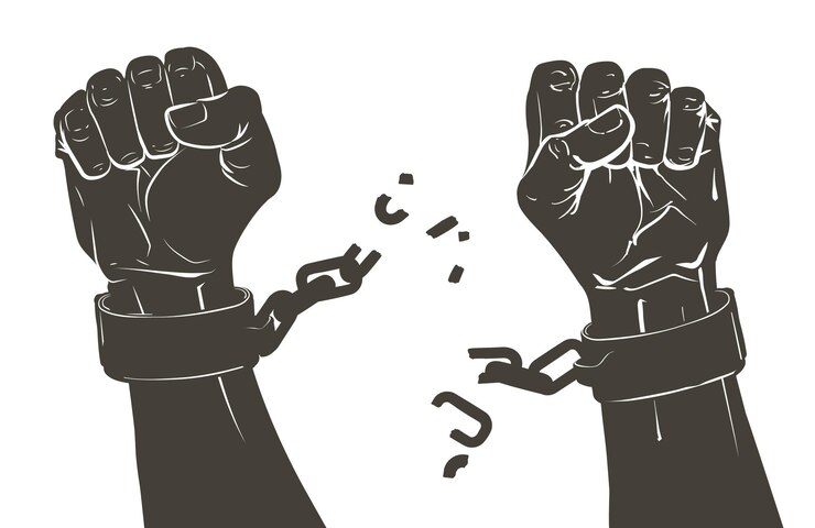 Vecteur lever le poing des mains, briser les menottes en acier, les chaînes de fers. sauvetage, espoir, libération, victoire, combat, rébellion, concept de protestation. esclave afro-américains noirs libérez-vous. vecteur de croquis de la journée de la liberté
