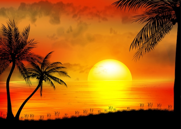 Vecteur lever de soleil tropical sur mer