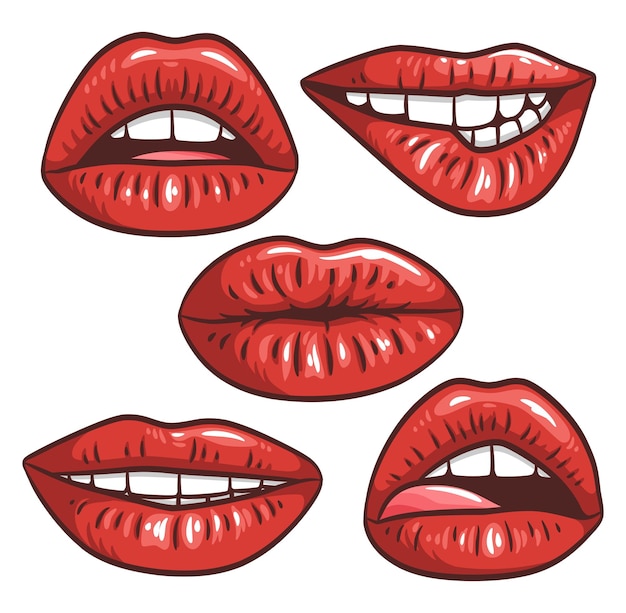 Lèvres féminines sexy avec rouge à lèvres vecteur illustration de mode femme bouche ensemble de gestes Collection