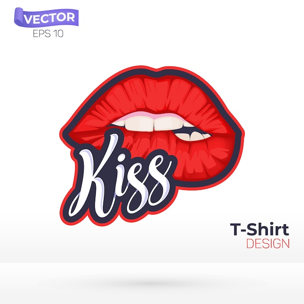 Vecteur lèvres rouges avec un texte t-shit kiss design