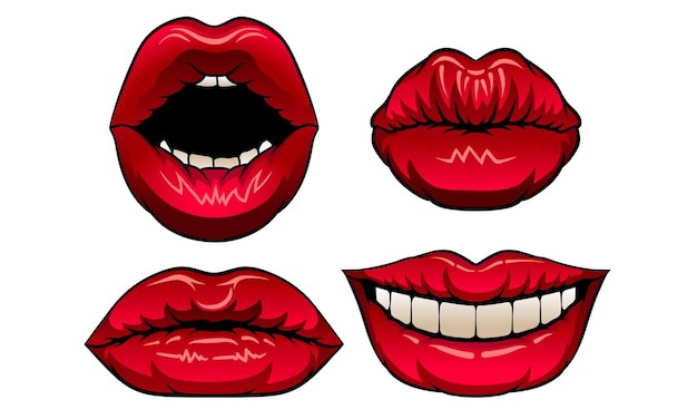 lèvres supérieures et inférieures rouges fermées et montrant des dents dans l'ensemble vectoriel du sourire