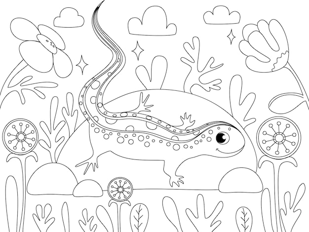 Lézard Animal Enfants Coloriage Lignes Noires Fond Blanc Vecteur De Dessin Animé