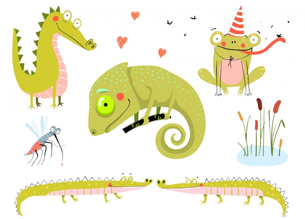 Lézard, grenouilles, alligators et crocodiles. Dessin animé d'animaux de marais et de lac doodle pour les enfants.