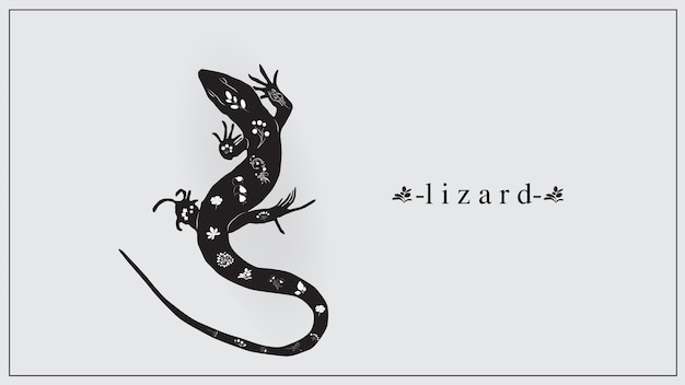 Un Lézard Noir Avec Des Fleurs Et Des Plantes Blanches.