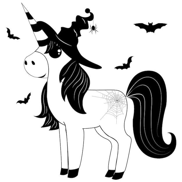 Vecteur licorne en chapeau de sorcière avec thème halloween araignée et toile d'araignée pour votre conception