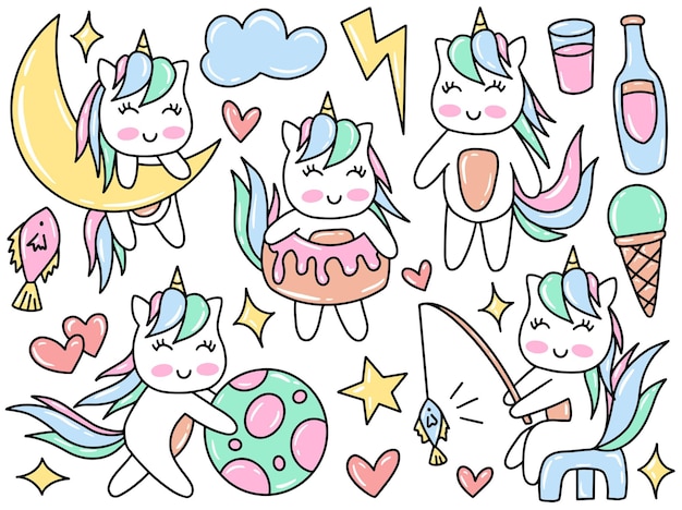 Vecteur licorne chat doodle clip art collection