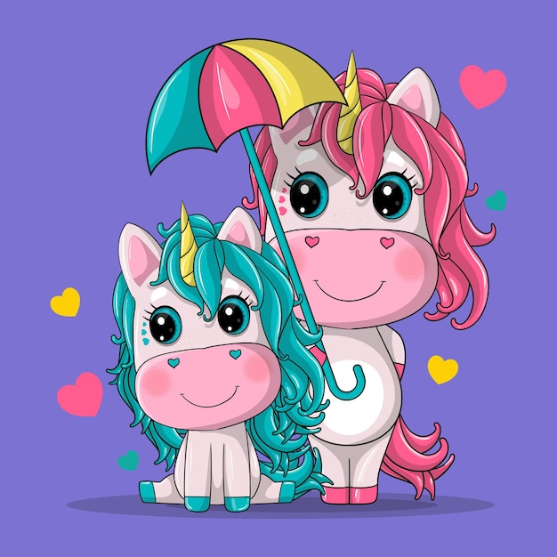 Licorne De Couple Mignon Avec Illustration Dessinée à La Main De Dessin Animé De Parapluie.