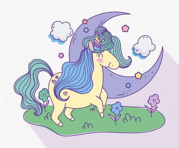 Licorne Demi Lune Nuages Prairie Fleurs Fantaisie Magique Dessin Animé Illustration Vectorielle