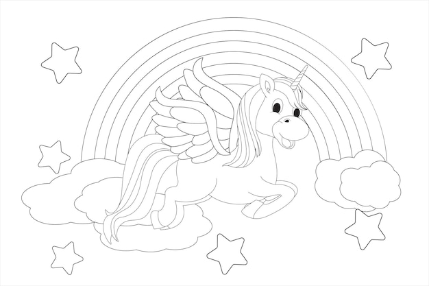 Vecteur licorne de dessin animé mignon sur un arc-en-ciel livres à colorier