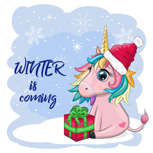 Vecteur licorne de dessin animé mignon en bonnet de noel avec cadeau boule de noël candy kane nouvel an et vacances de noël