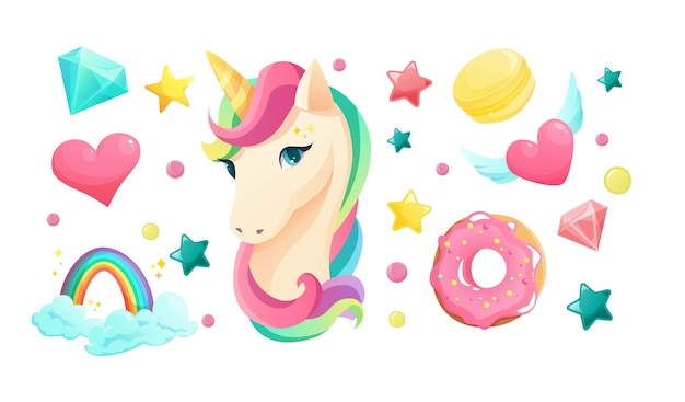 Licorne dessin animé mignon dans un style plat avec des éléments de fille