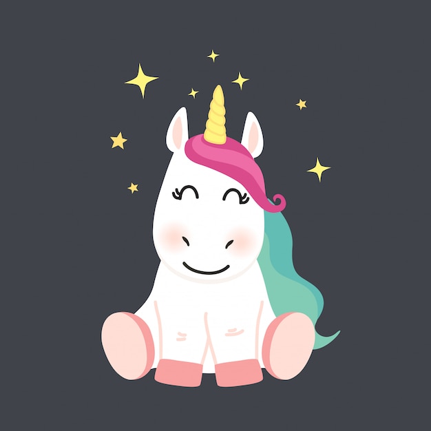 Licorne De Dessin Animé Mignon Sur Fond Sombre