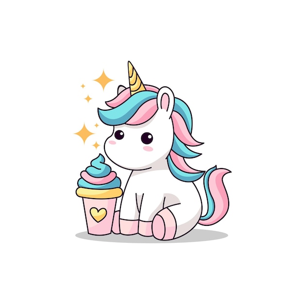 Vecteur une licorne de dessin animé mignonne qui mange de la crème glacée.