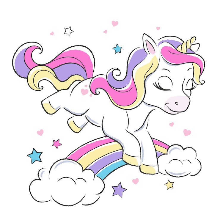 Vecteur licorne drôle saute par-dessus un arc-en-ciel isolé sur blanc