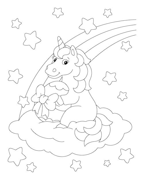 La Licorne Est Assise Sur Un Nuage Et Tient Un Cadeau De Pâques Page De Livre De Coloriage Pour Les Enfants Personnage De Style Dessin Animé