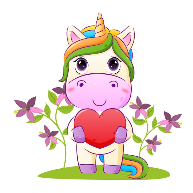 La Licorne Heureuse Tient Un Grand Amour Et Se Tient Dans L'illustration Du Jardin De Fleurs