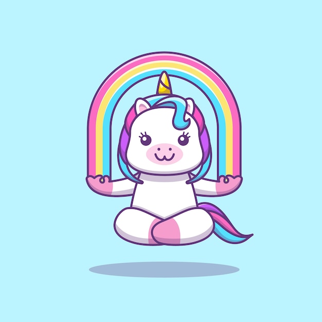 Licorne Kawaii Mignonne Faisant Du Yoga Méditation Avec Illustration De Dessin Animé Arc-en-ciel