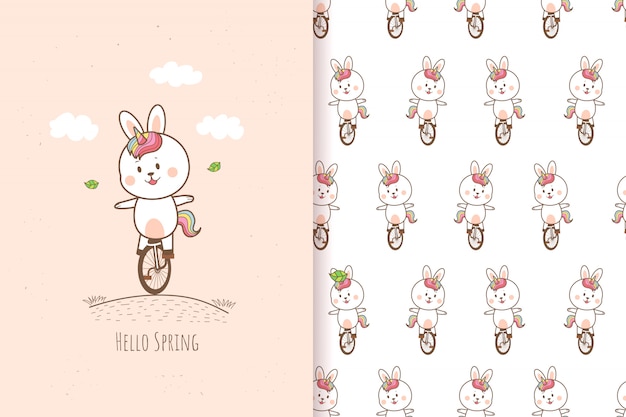 Licorne Lapin Mignon Monté Sur Un Vélo Jour De Pâques Dessin Animé Dessiné à La Main