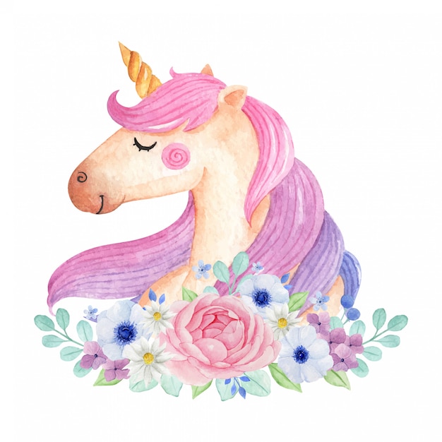 Licorne magique avec des fleurs isolées sur fond blanc. Illustration de licorne aquarelle mignonne.