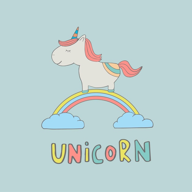 Licorne Magique Mignonne. Graphiques Pour Enfants Doux Pour T-shirts, Baby Shower, Carte Postale, Affiche, Bannières, Album, Autocollant, Conception D'invitation. Illustration Vectorielle Avec Art De Pépinière Doodle.