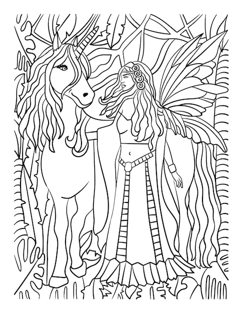 Licorne marchant avec une fée Coloriage pour adulte