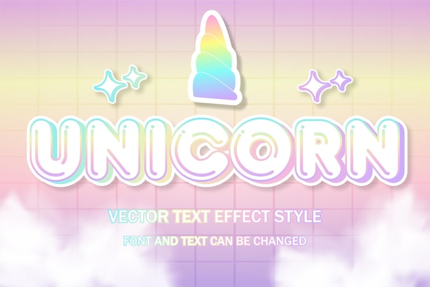 Vecteur licorne mignon kawaii pastel holographe 3d texte modifiable effet police style modèle bannière affiche