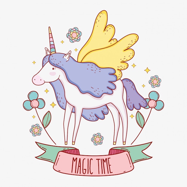 Licorne Mignonne Avec Ailes Et Corne Avec Plantes à Fleurs