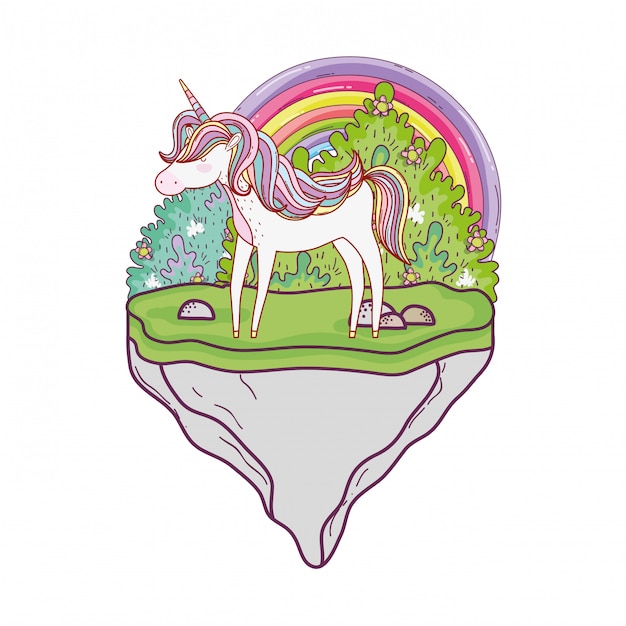 Licorne Mignonne Avec Arc-en-ciel Dans Le Paysage